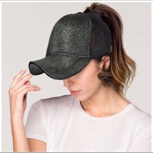 Black Glitter Ponytail Hat